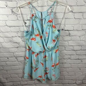 Everly Romper Blue with Flamingos Surplice Front Spaghetti Straps Summer L